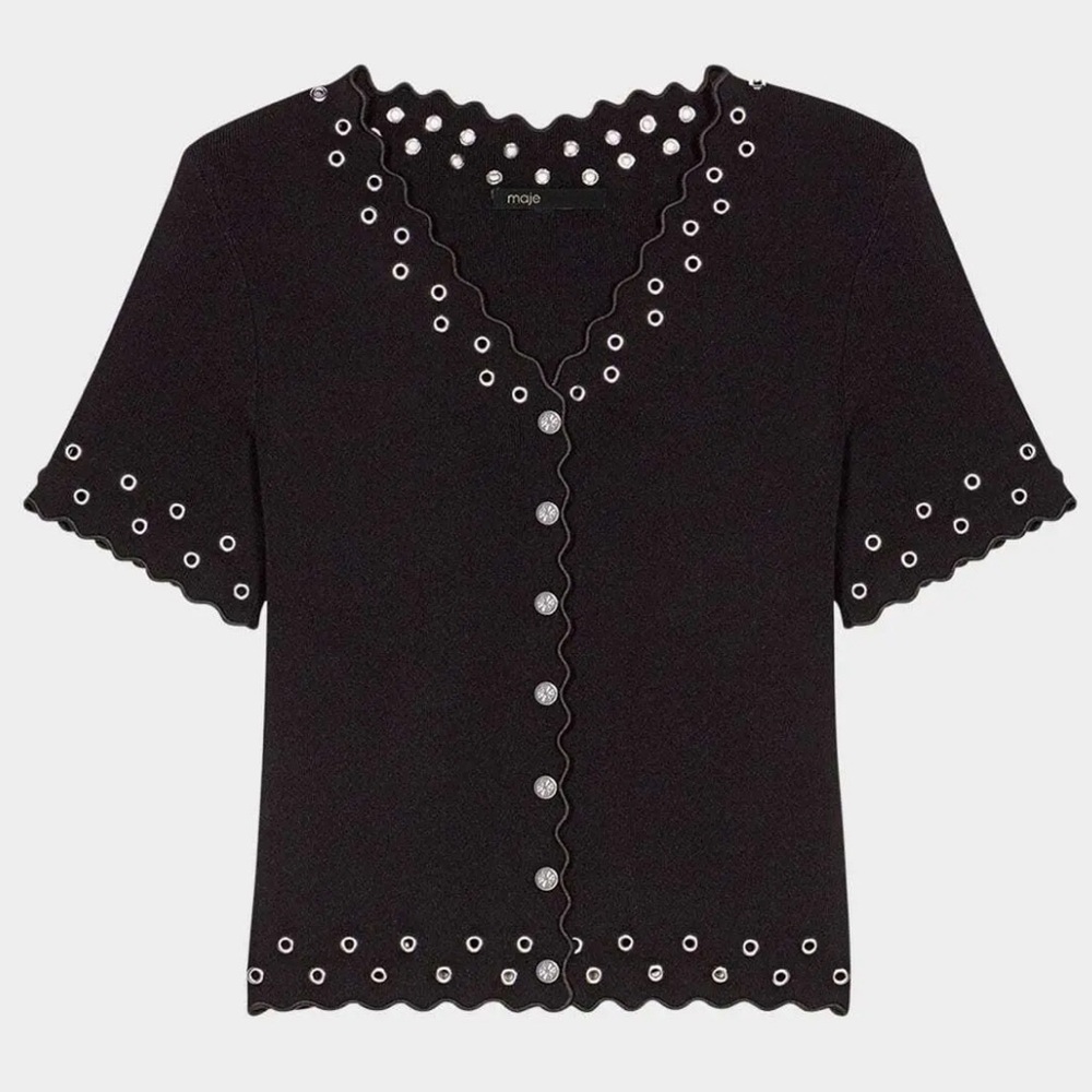 Maje Moleillety Grommet/Eyelet Cardigan w/ small unraveled bottom section